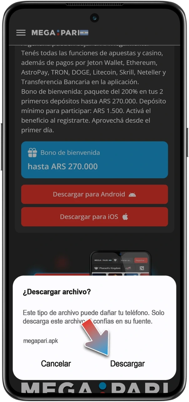 Confirma la descarga del archivo MegaPari en tu teléfono.
