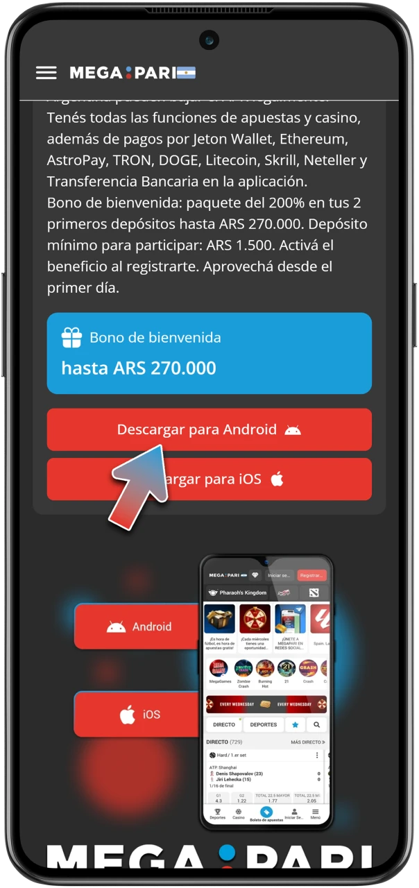 Comience a descargar el archivo de la aplicación MegaPari.