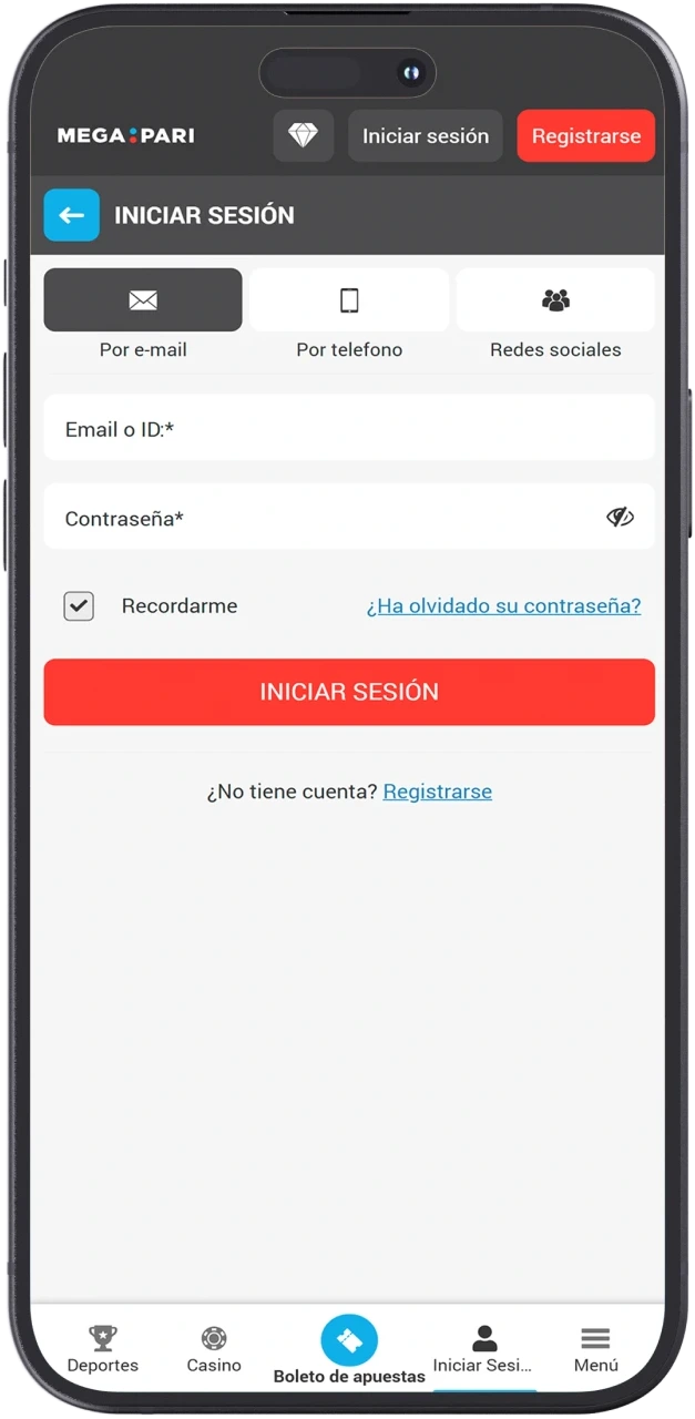 Abre la aplicación MegaPari y accede a tu cuenta.