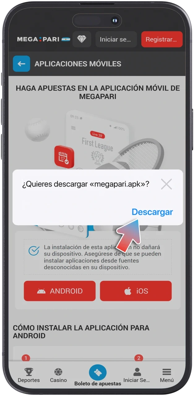 Confirma la descarga del archivo de la aplicación MegaPari en tu dispositivo iOS.