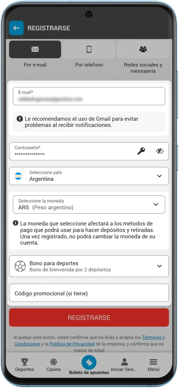 Introduzca los datos necesarios para registrarse en la aplicación MegaPari.