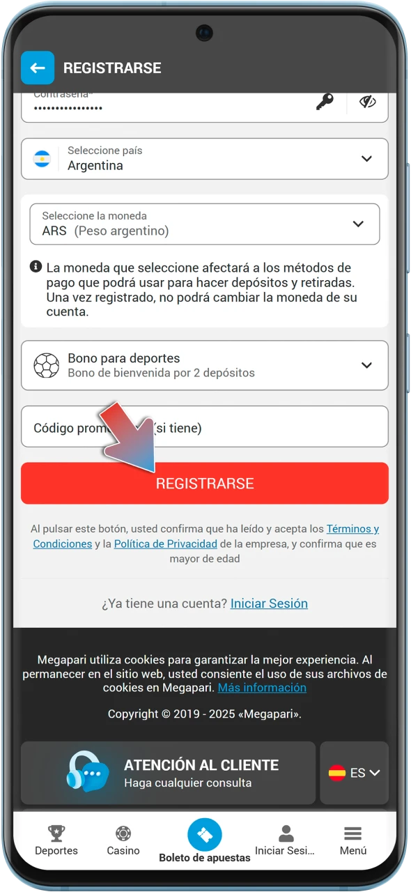 Acepta las normas de la plataforma MegaPari y finaliza la creación de tu cuenta.