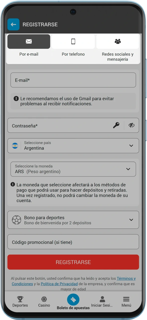 Abre el formulario de registro de MegaPari y selecciona el método.