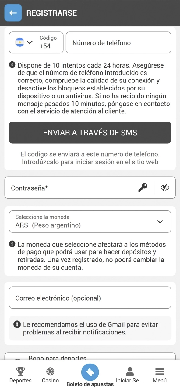 Introduzca sus datos en el formulario de registro de MegaPari.