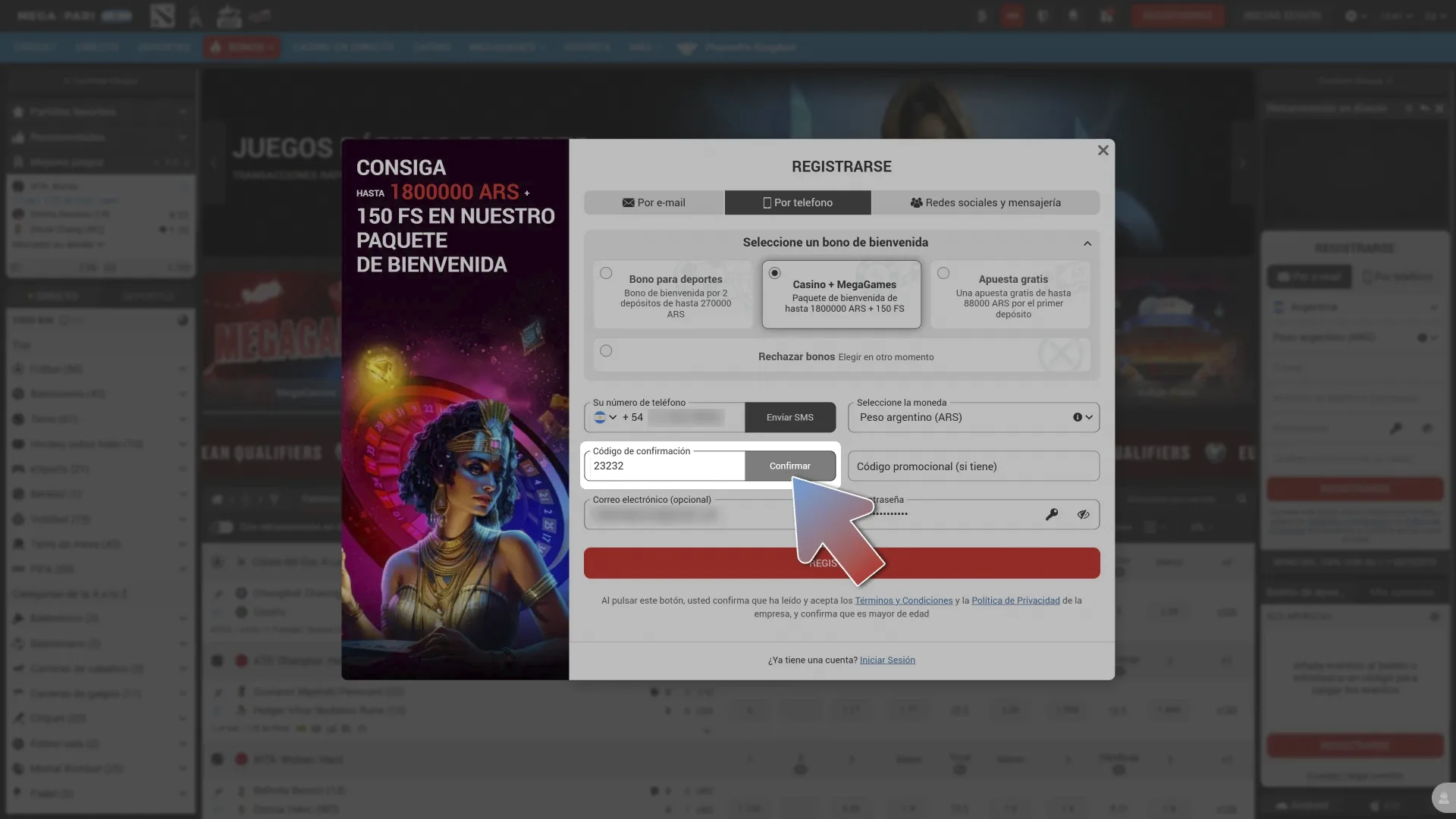 Confirma tu número de teléfono y correo electrónico para activar tu cuenta MegaPari.