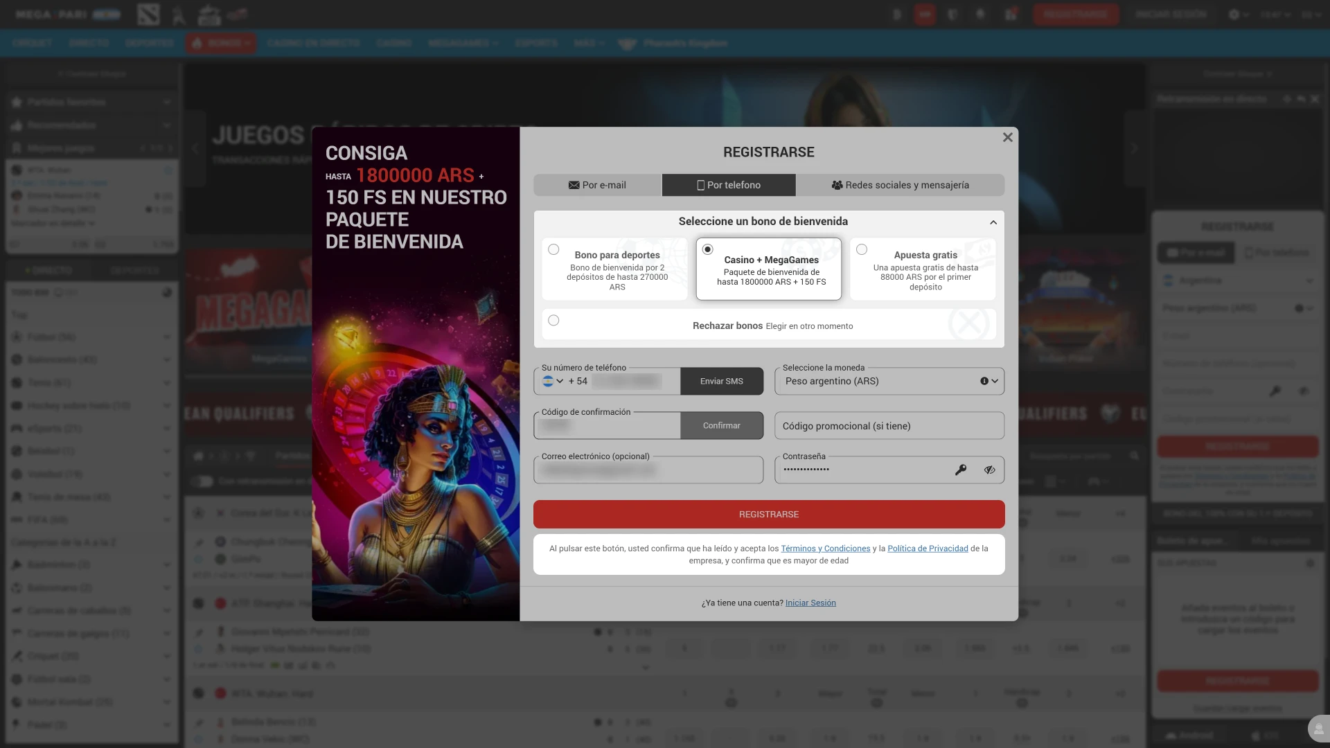 Acepta las reglas de la plataforma MegaPari y elige tu bonificación.