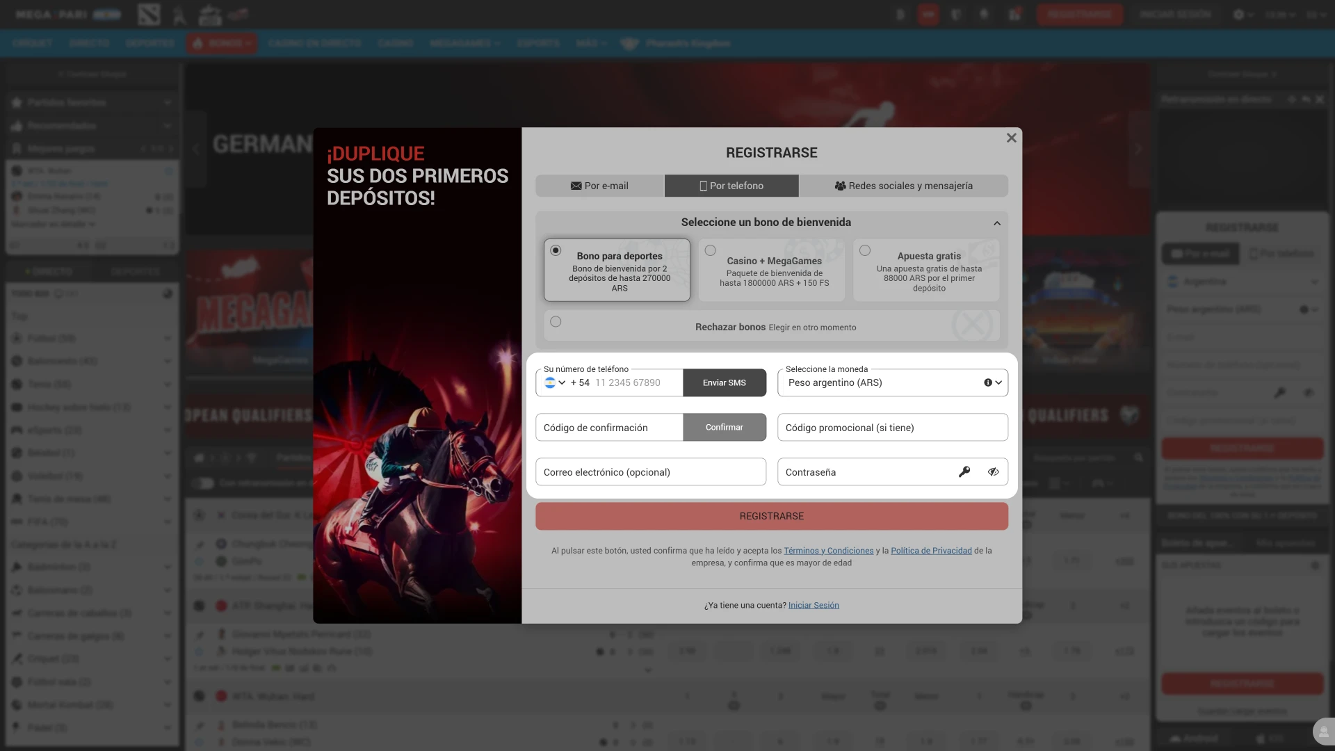 Introduzca los datos en el formulario de registro de MegaPari.