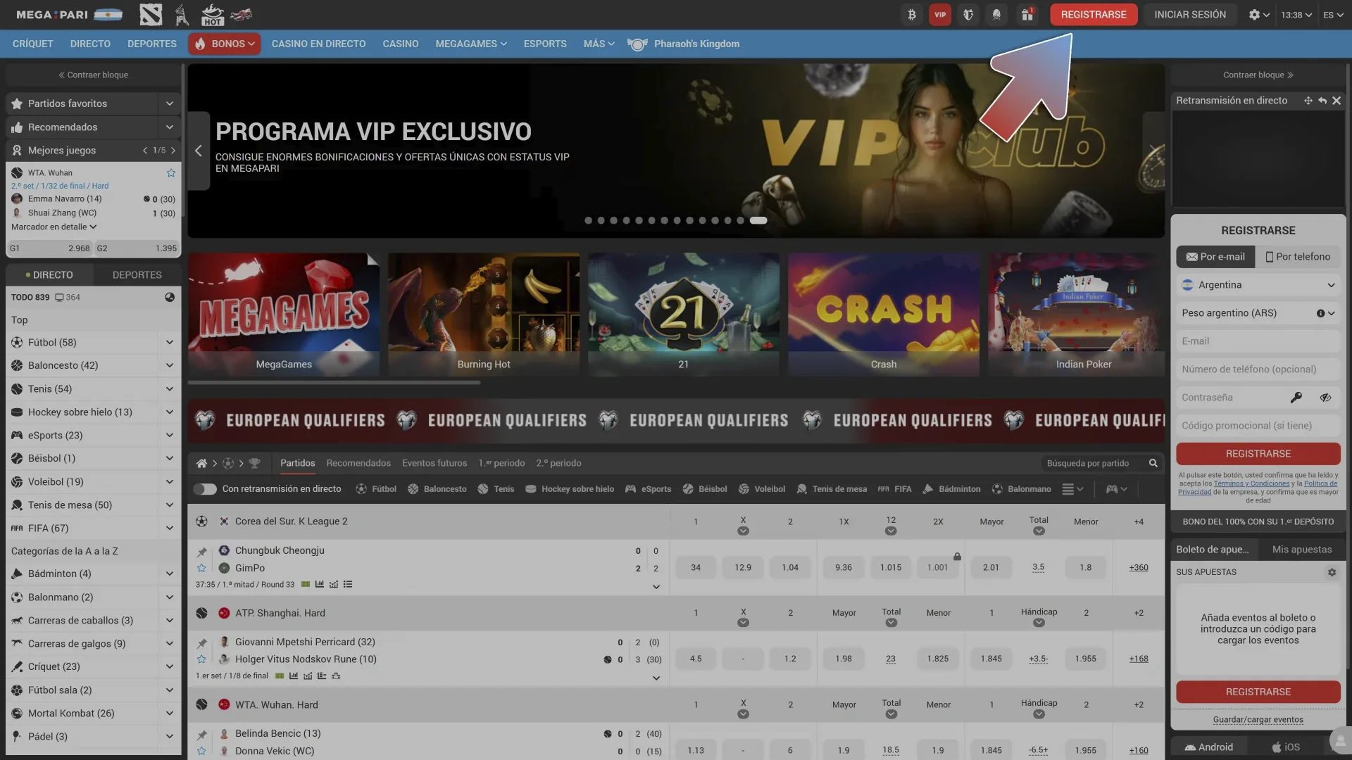 Haga clic en el botón de registro en el sitio web de MegaPari.