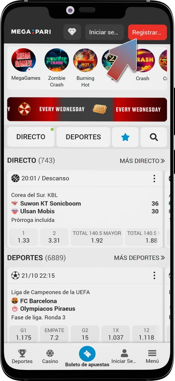 Abre la aplicación MegaPari para comenzar el registro.