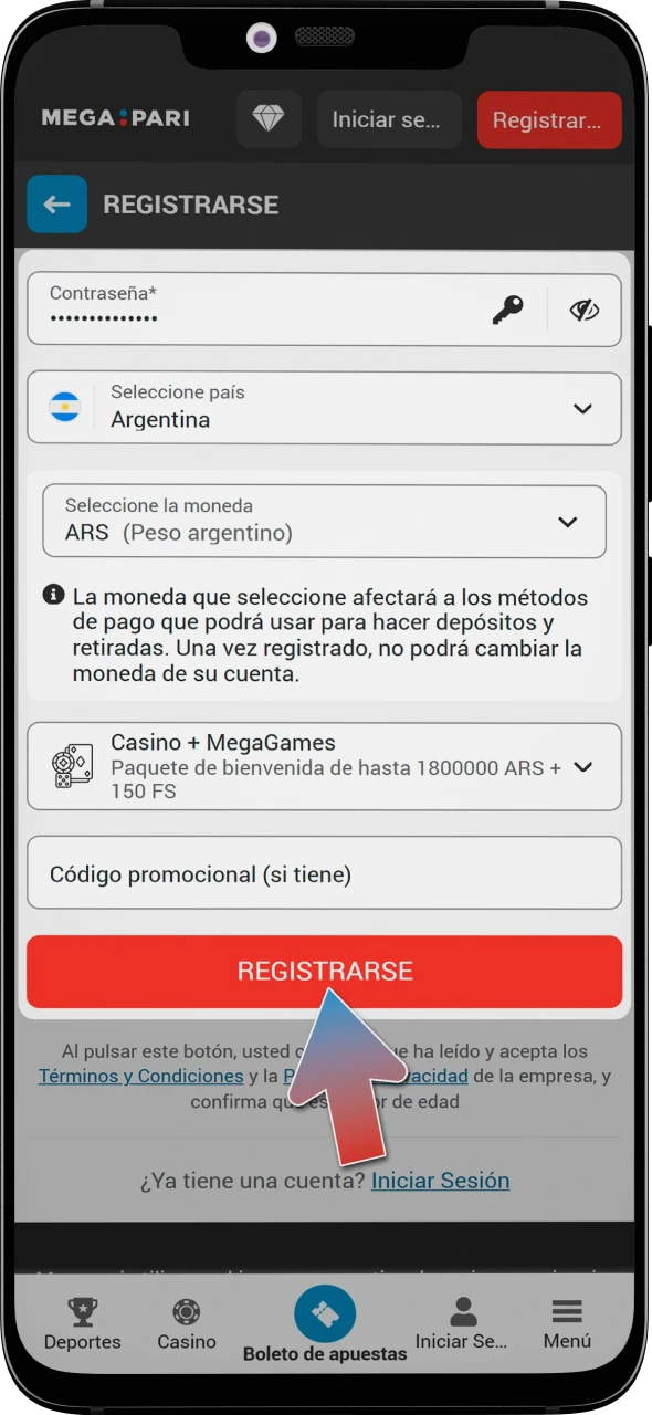 Seleccione el país, la moneda y el bono que desee y complete el registro en la aplicación MegaPari.