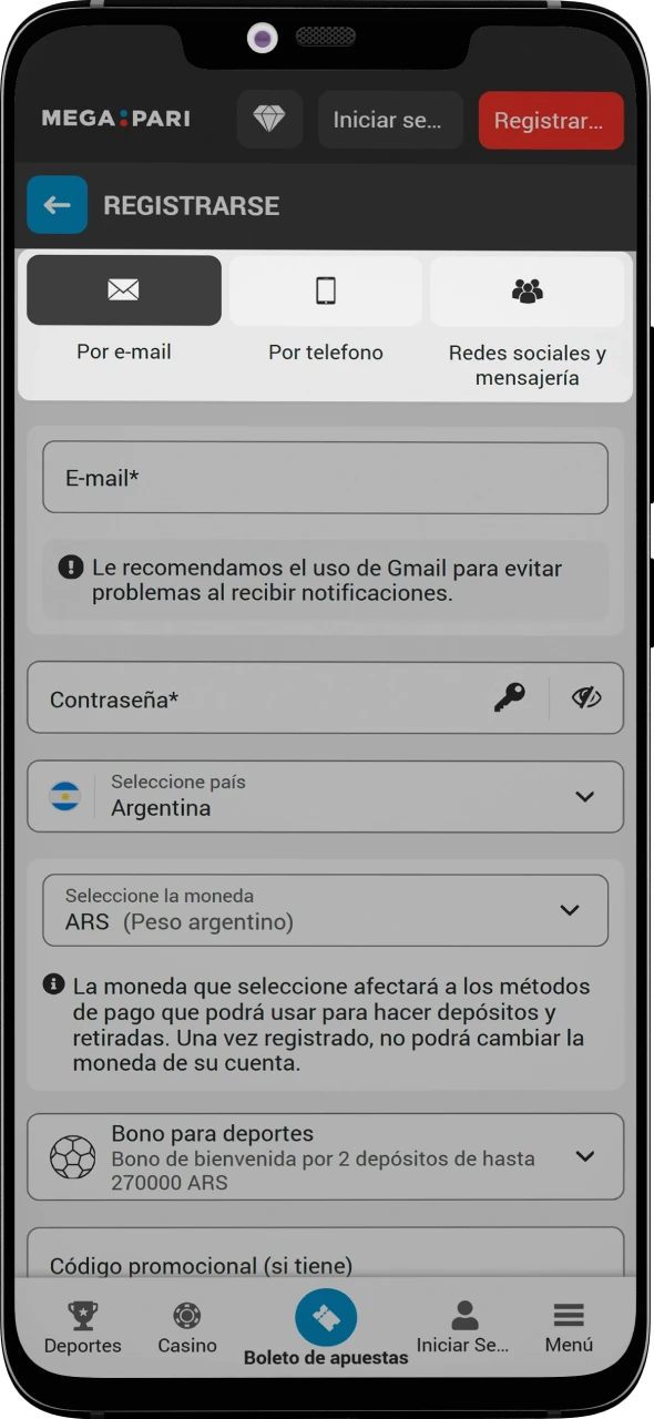 En el formulario de registro de MegaPari, elige la forma de crear una cuenta.