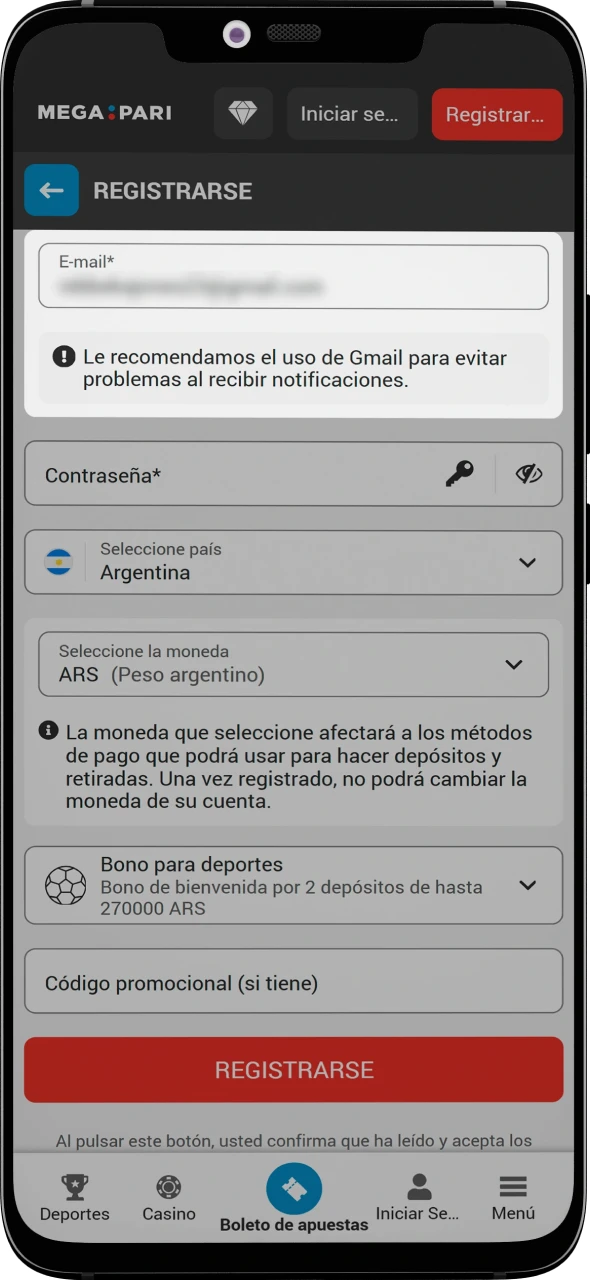 Introduzca sus datos personales en el formulario de MegaPari.