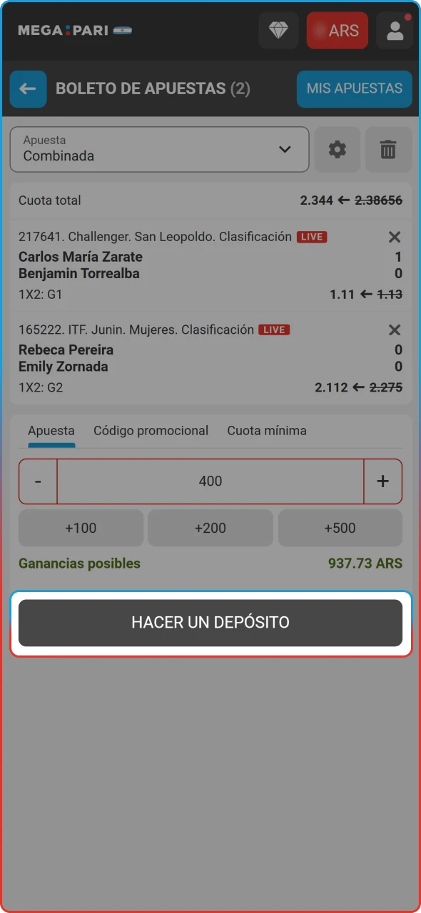 Botón final para validar y registrar la apuesta en el sistema de Megapari.