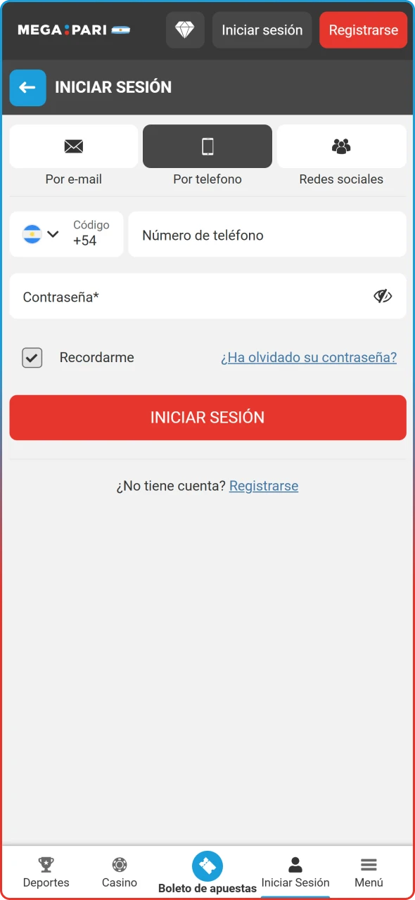 Acceso al panel de usuario mediante usuario y contraseña en Megapari.