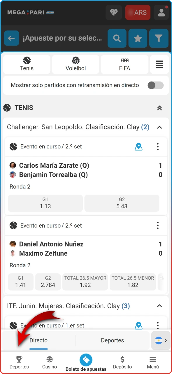 Selección de disciplinas y partidos en el catálogo deportivo de Megapari.