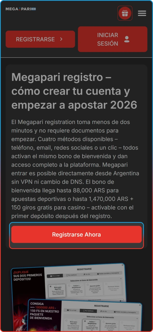 Ingreso a la plataforma oficial de Megapari mediante navegador o aplicación.