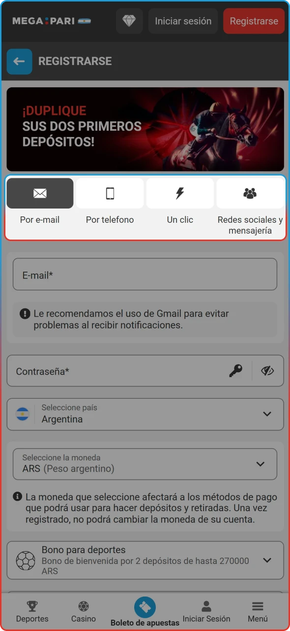Selección de las opciones de inscripción por teléfono, correo o redes sociales.