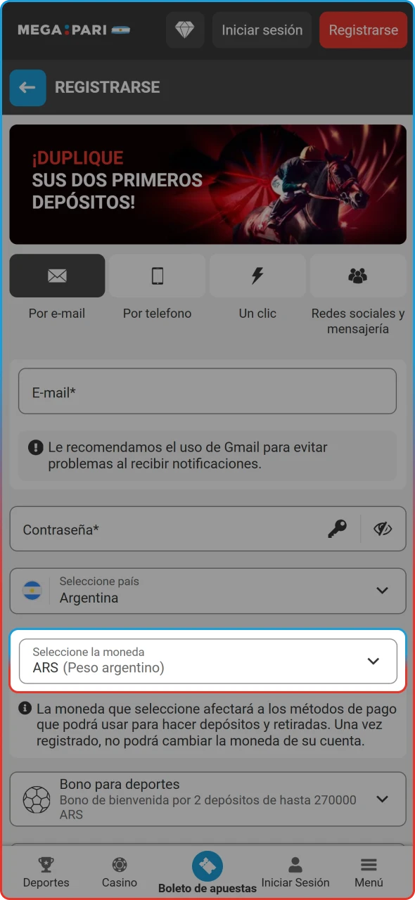 Configuración de la moneda local en pesos argentinos para depósitos y retiros.